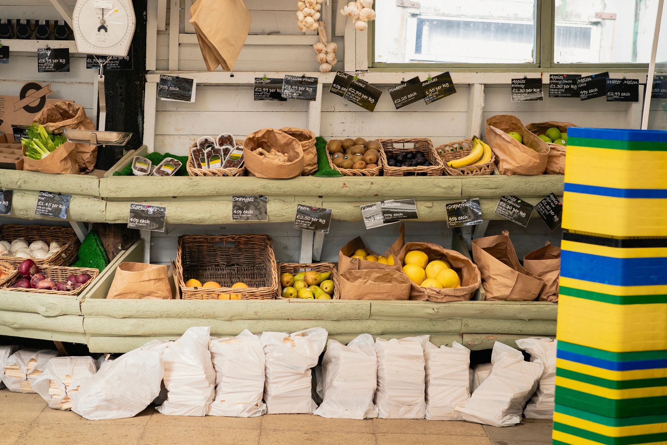 Baskets of fresh fruit at a farm stand