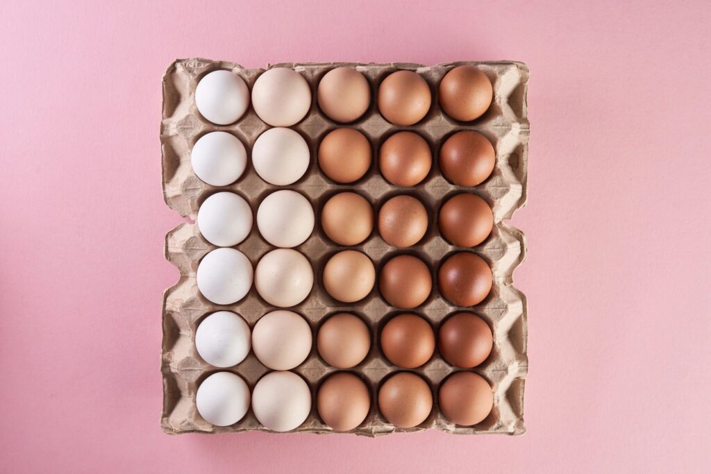 Chicken eggs of natural shades and colors on egg tray